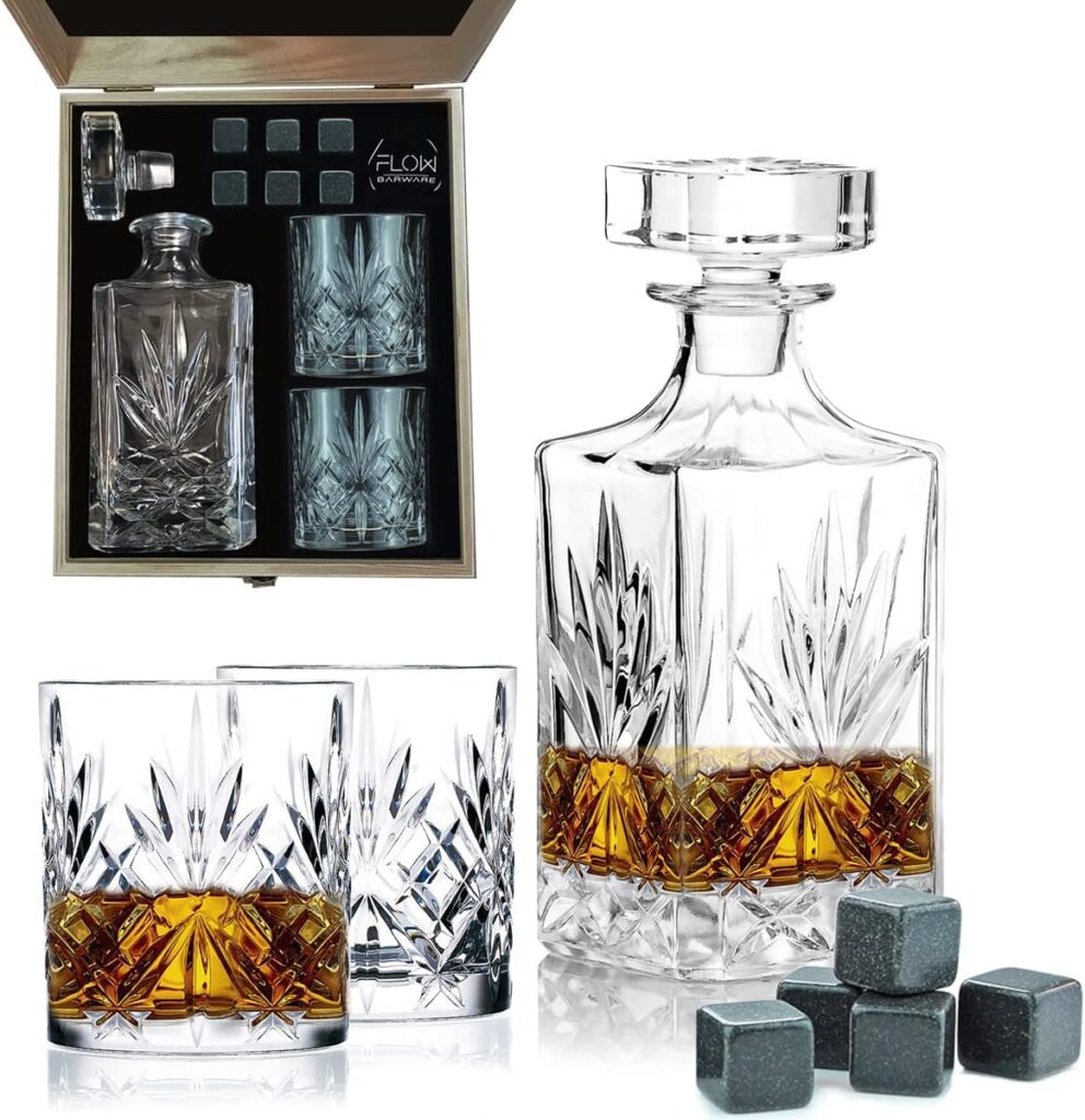 Flow Barware Classic Whiskey Decanter  Whiskey Glasses Gift Set | Includes 750ml Whisky Decanter, Whiskey Glasses Set Of 2 With Whisky Stones  Wooden Display Box | Whiskey Gift Sets For Men